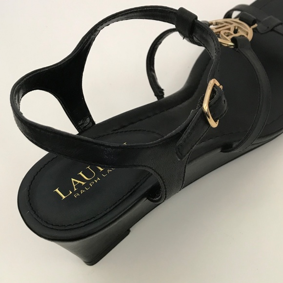 LAUREN RALPH LAUREN Elina Leather Heeled Wedge Sandals Black Women’s Size 9.5 - Picture 9 of 16